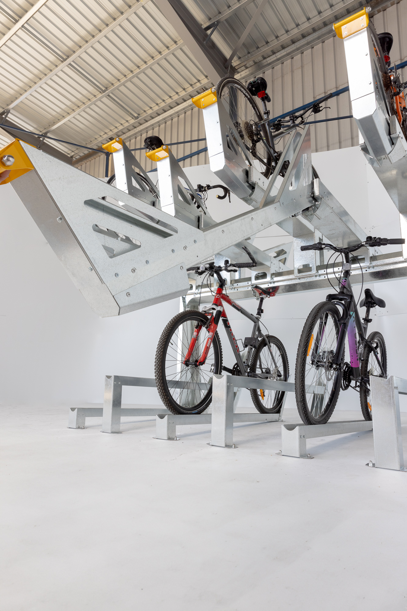 Bikes in a double tier bike rack